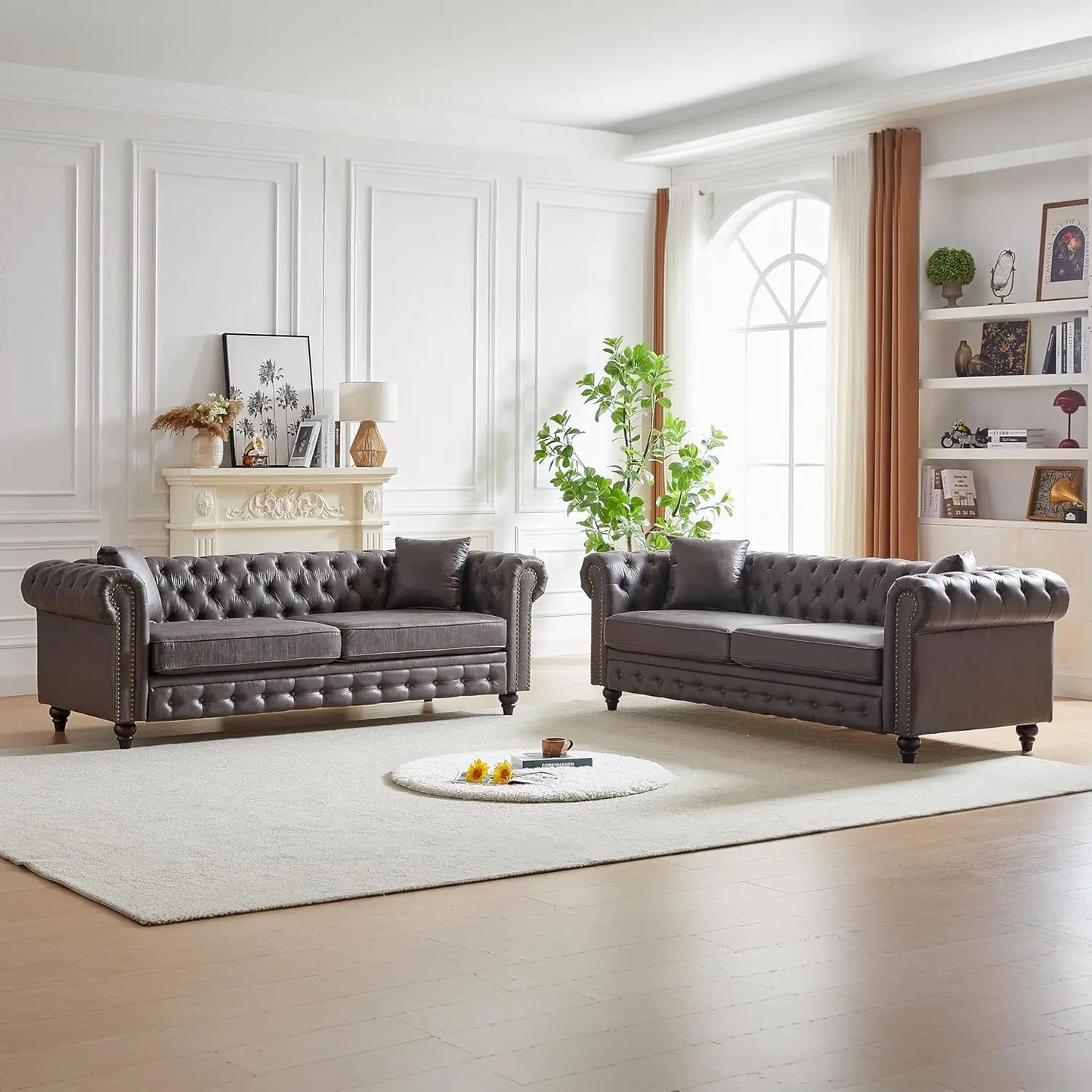 Ljustra Rolled Arm 3-Seater Sofa Couch with Nailhead Trim and Pillows