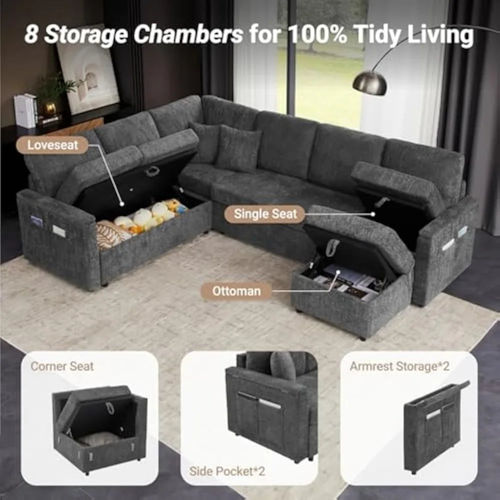 Modern U Shaped Sleeper Sofa Bed 8 Storages Sectional Couch 7 Seater