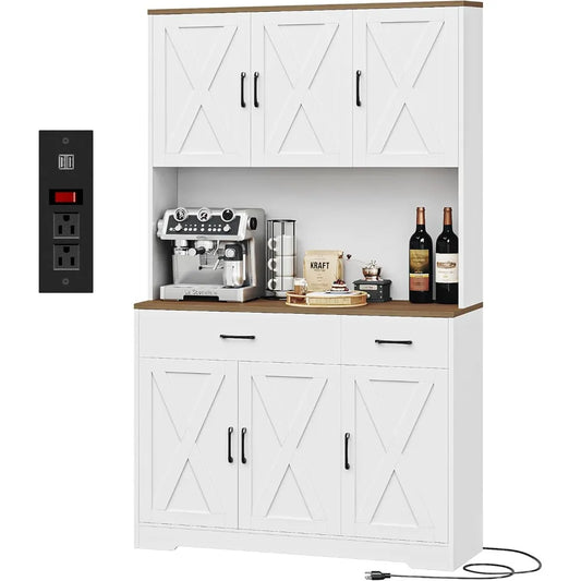 71 Inch Pantry Cabinet with Charging Station and Microwave Stand