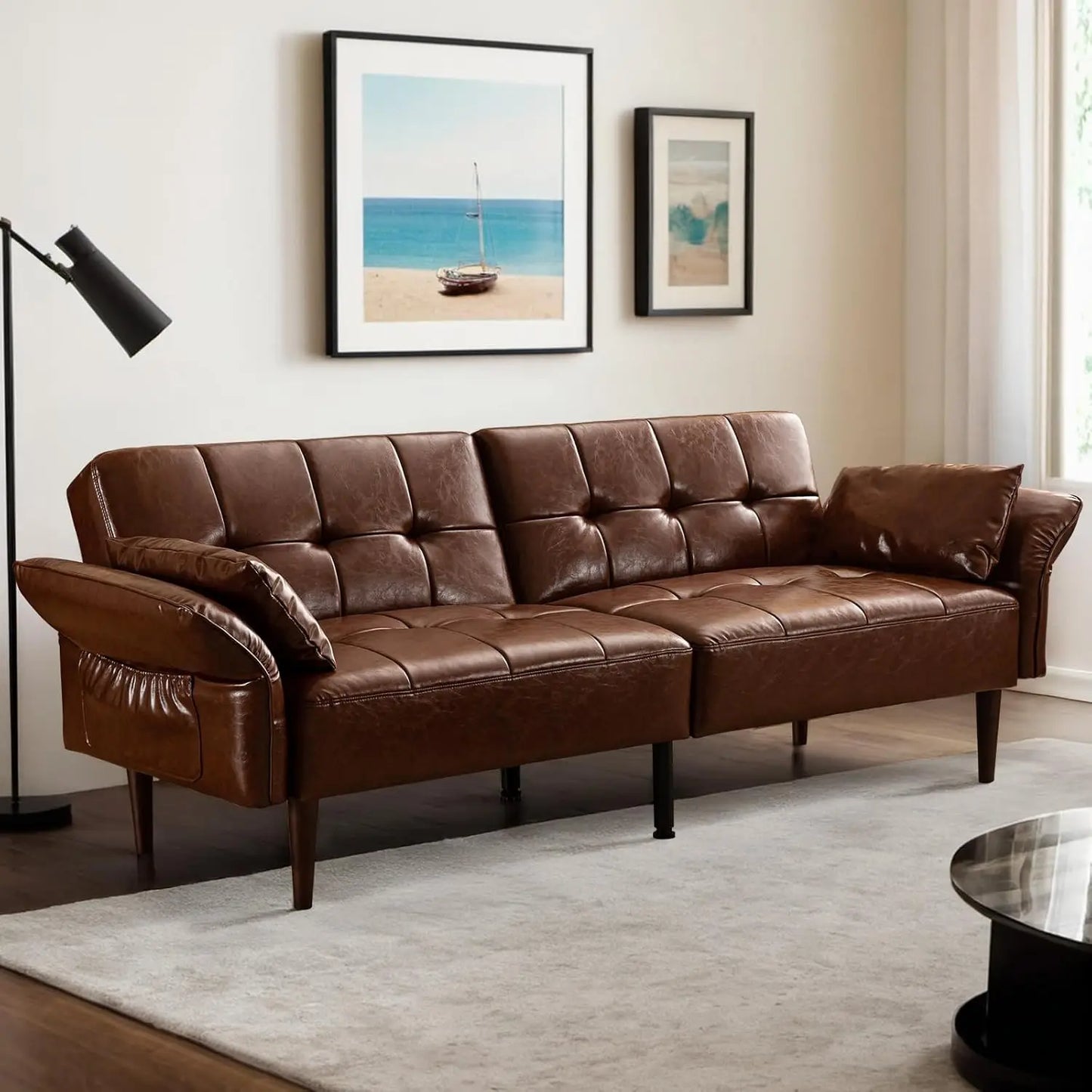 85 Inch Mid Century Modern Faux Leather Futon Sofa Bed Couch Storage