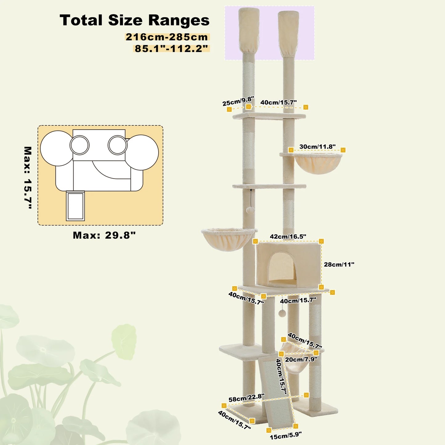 Cactus Cat Tree Floor to Ceiling Cat Tower 7 Tiers with Hammocks and Scratching Posts