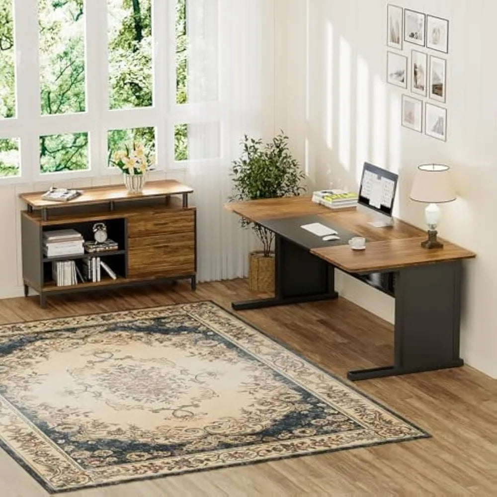 L-Shaped Executive Office Desk with File Drawer and Storage Shelves