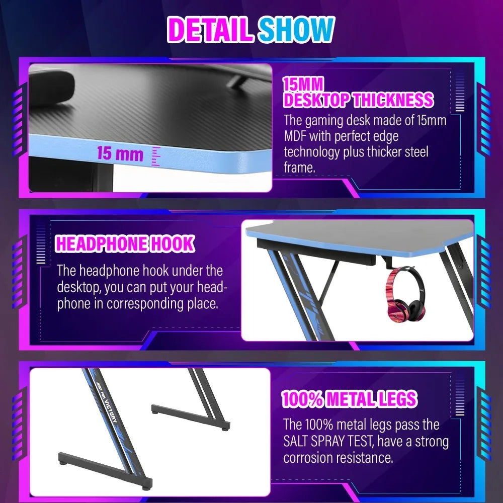 Modern 47 Inch Z-Shaped Gaming Desk with Headphone Hook Home Office