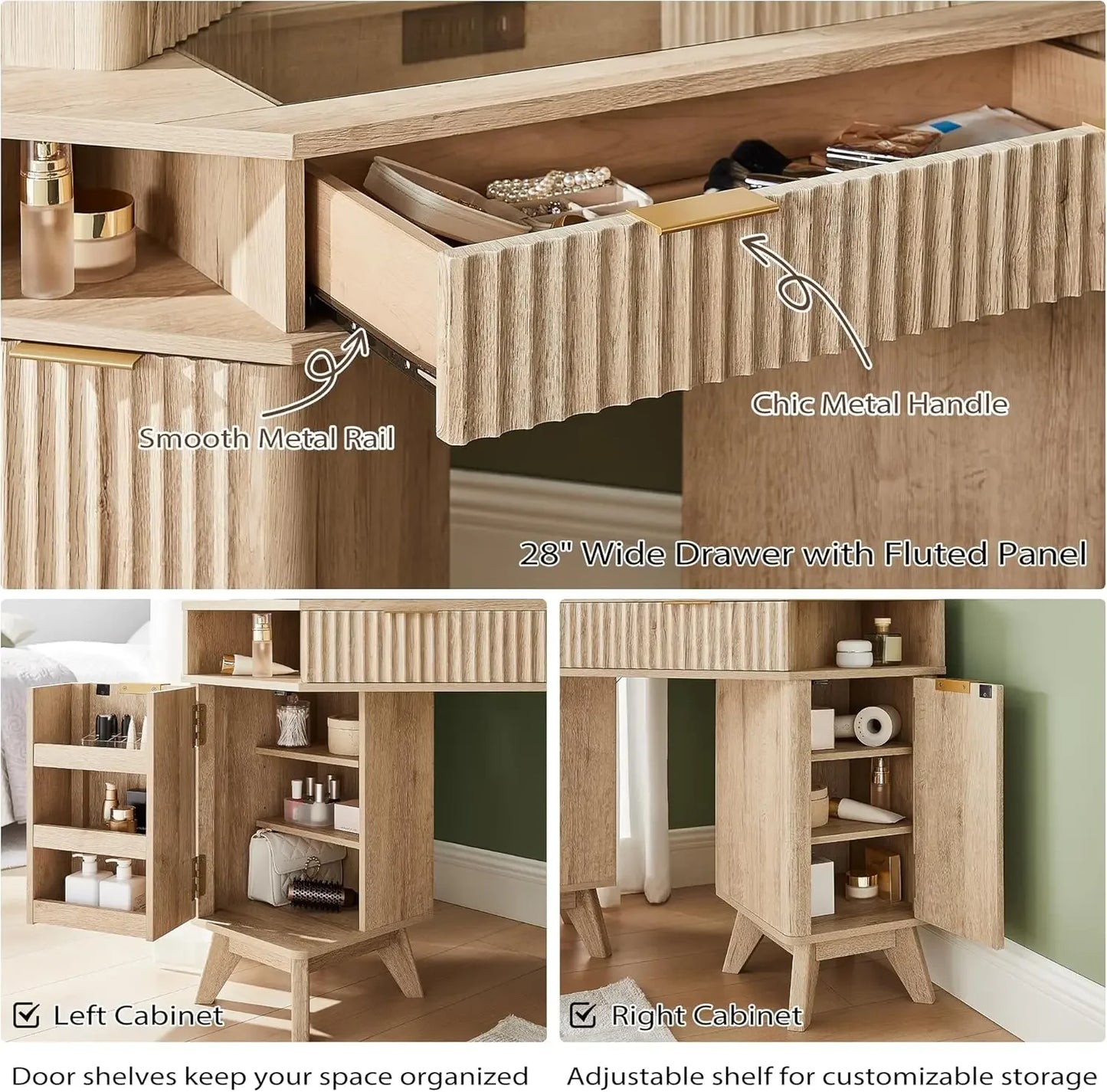 Fluted Makeup Vanity Desk with 3 Way Mirror and Lights 48 Inch