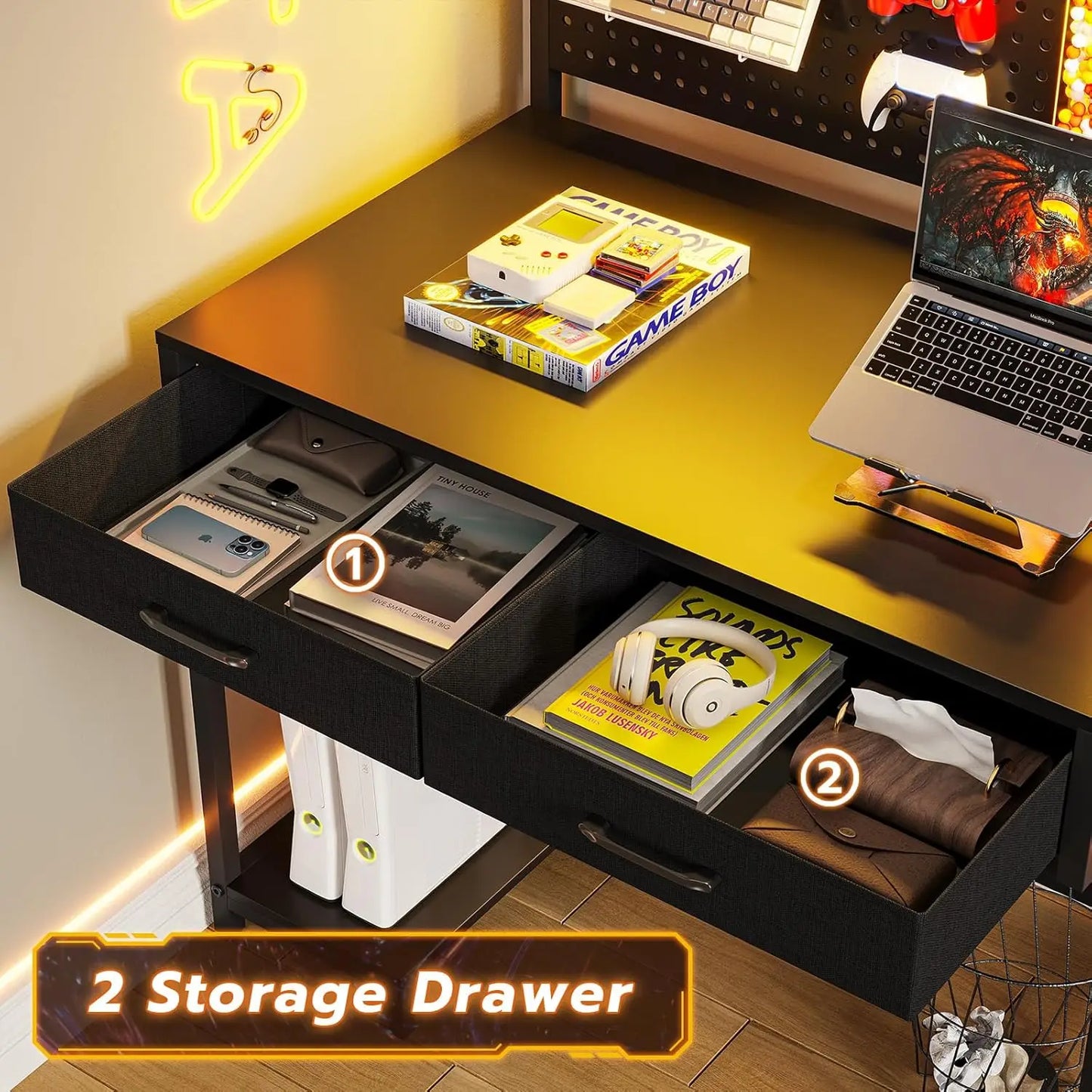 L Shaped Gaming Desk with LED Lights Hutch Monitor Stand Corner Table