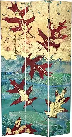 7ft Tall Double Sided Autumn Leaves Canvas Room Divider Folding Screen