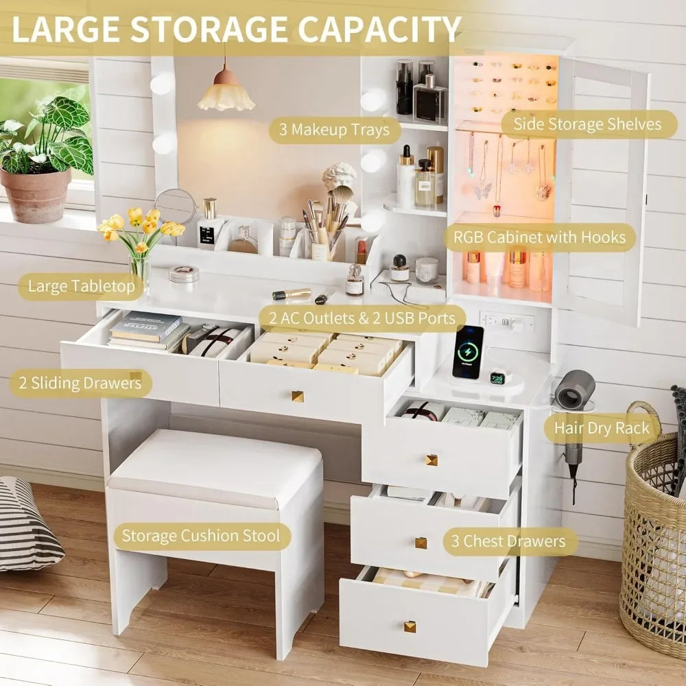 Ljustra Vanity Desk with Mirror and Lights Makeup Table Set with 5 Drawers