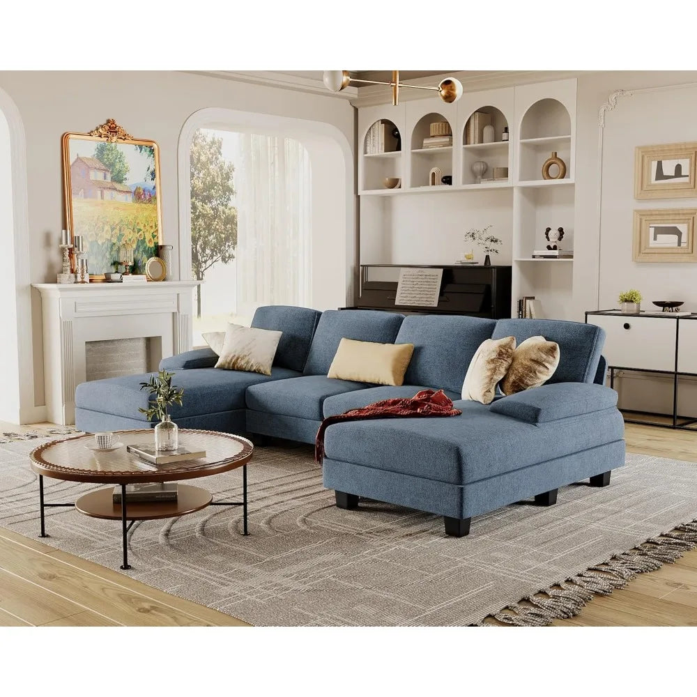 U-Shaped 4-Seat Sectional Sofa Double Chaise Linen Couch Modern Living Rooms