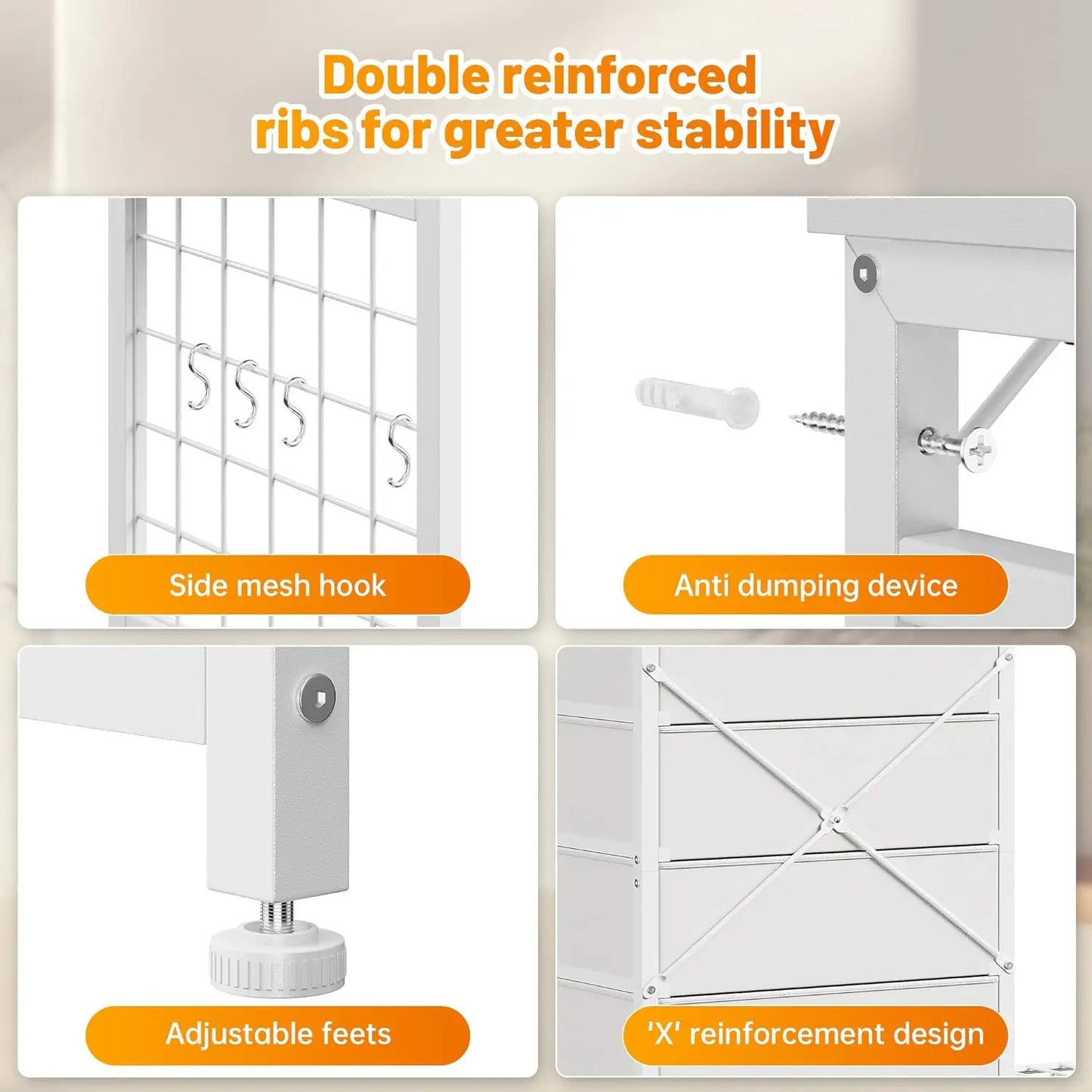 49.2" White Dresser with Hanging Rack 6 Drawers LED Lights Charging Station