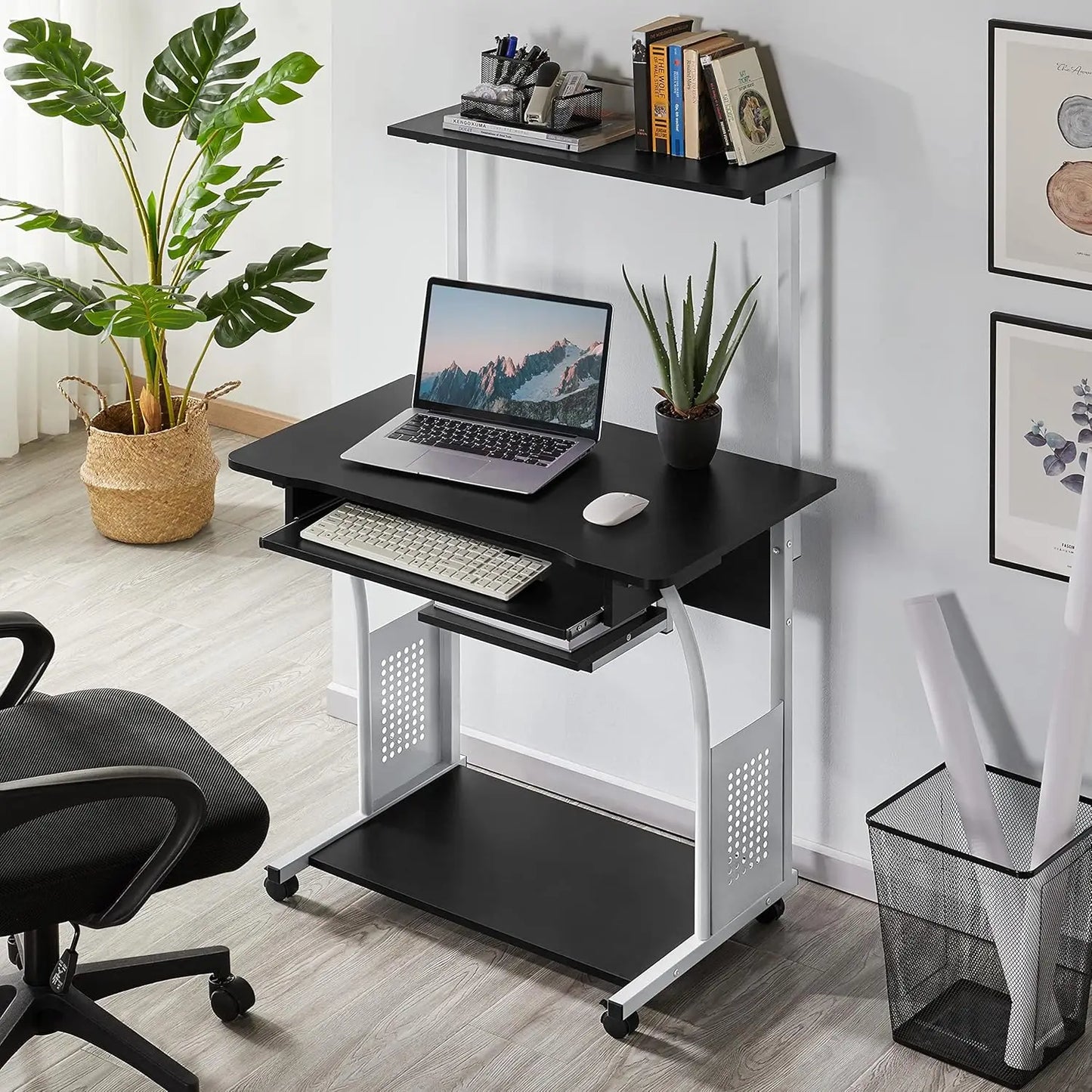 3 Tier Rolling Computer Desk with Keyboard Tray for Home Office Small Space