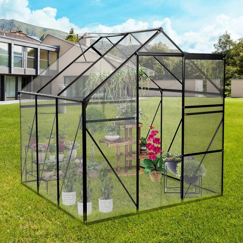 6x6 FT Polycarbonate Walk-in Greenhouse Aluminum Raised Base Adjustable Roof