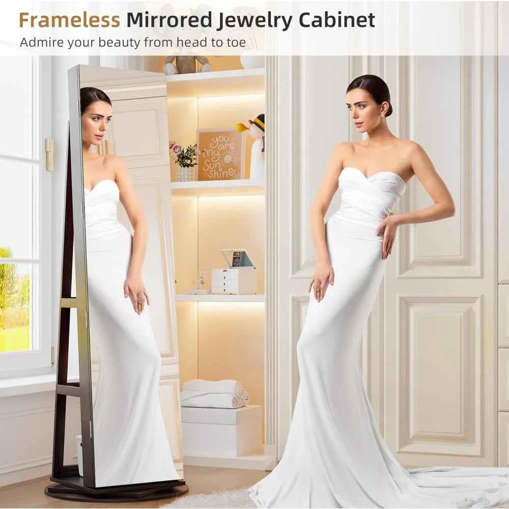 360 Degree Swivel Jewelry Cabinet Full Length Mirror Storage Organizer