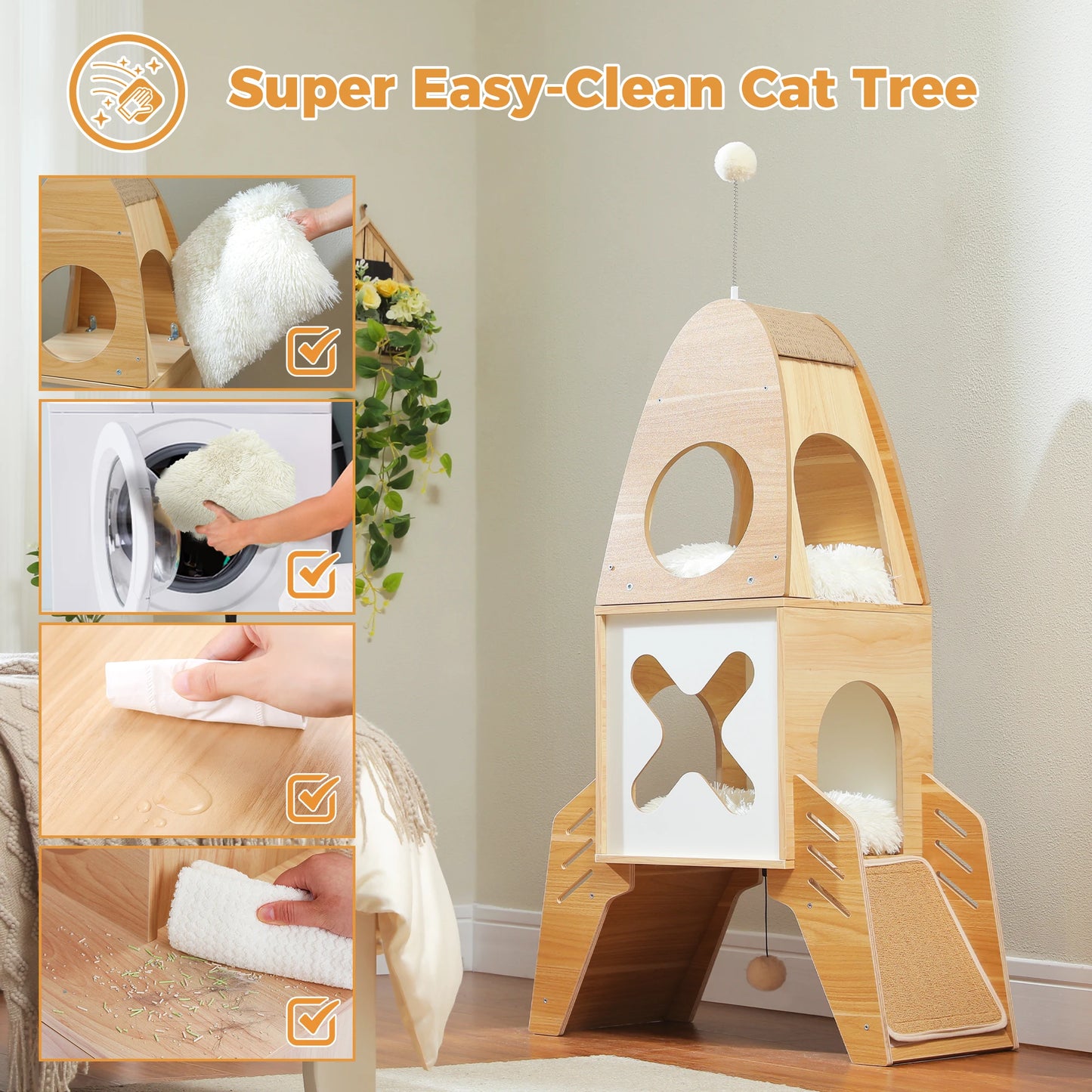 Modern Cat Tree Rocket Shape Wooden Indoor Cat Tower with Playhouse