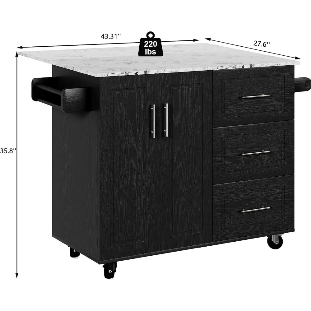 Rolling Kitchen Island Cart with Storage Drop Leaf Marble Top on Wheels