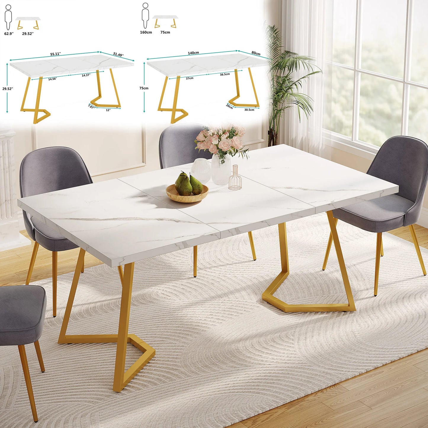 Ljustra 63 Inch Dining Table Rectangular Kitchen Faux Marble Modern Design