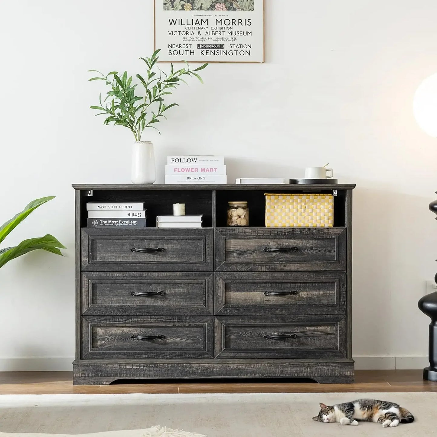 Dresser with Power Outlets and LED Lights Rustic Wood Chest of Drawers