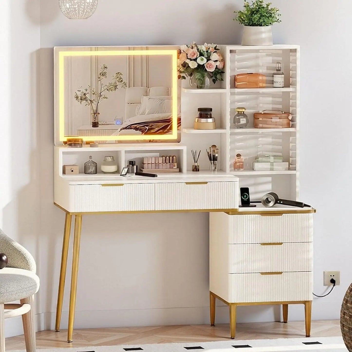 Fluted Vanity Desk with Mirror and Lights Makeup Storage Organizer