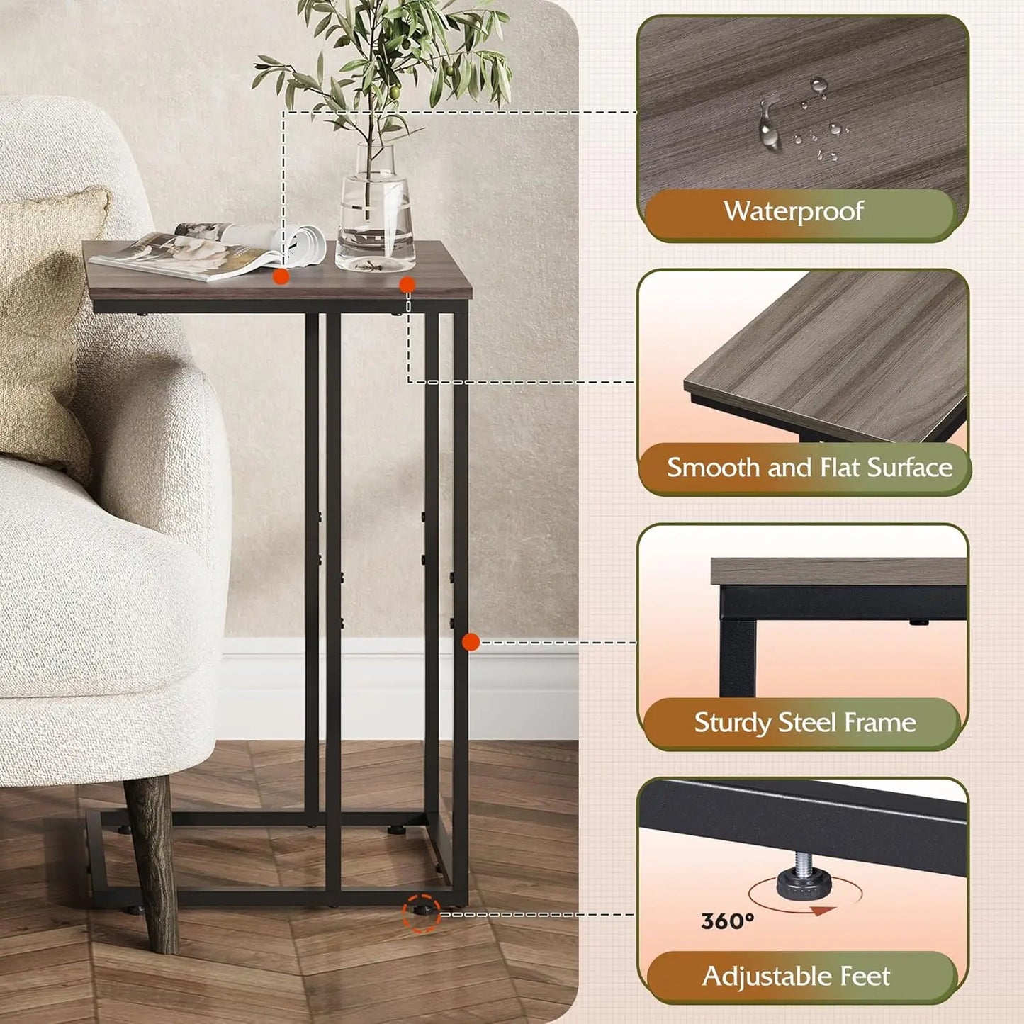 Side Table Set of 2 C Shaped End Tables for Living Room Bedroom Office