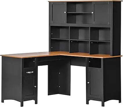 L Shaped Computer Desk with Hutch Space Saving Home Office Desk