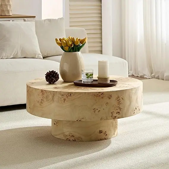 Modern Round Walnut Coffee Table Solid Wood Pedestal for Small Spaces