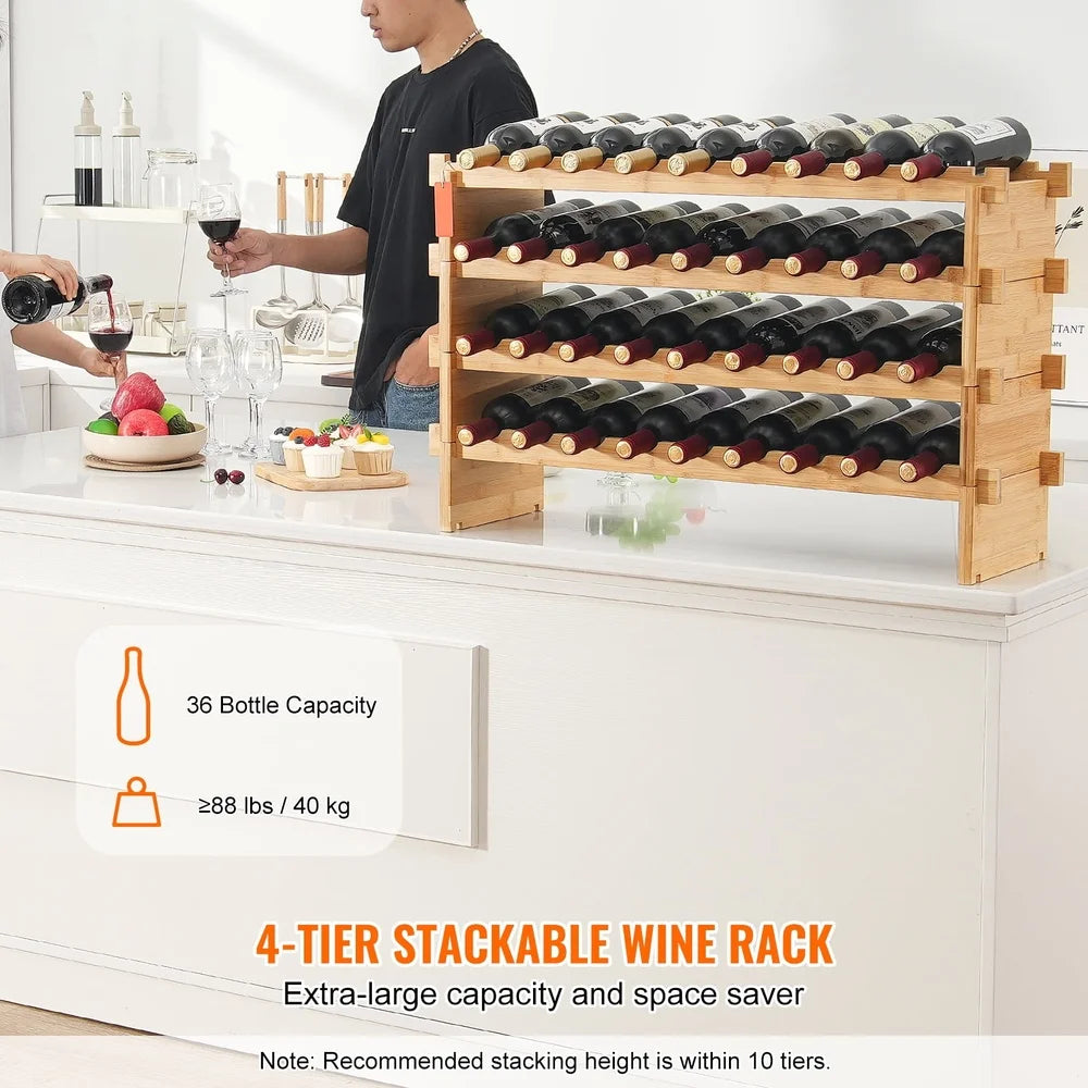 36 Bottle Modular Bamboo Wine Rack Freestanding Stylish Kitchen Bar