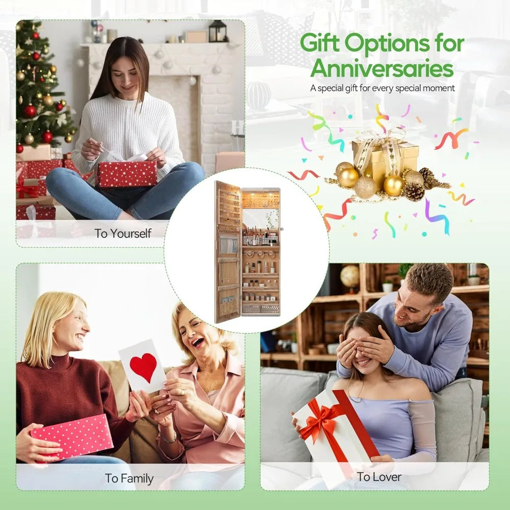 LED Mirror Jewelry Cabinet Wall Mounted Organizer with RGB Lights