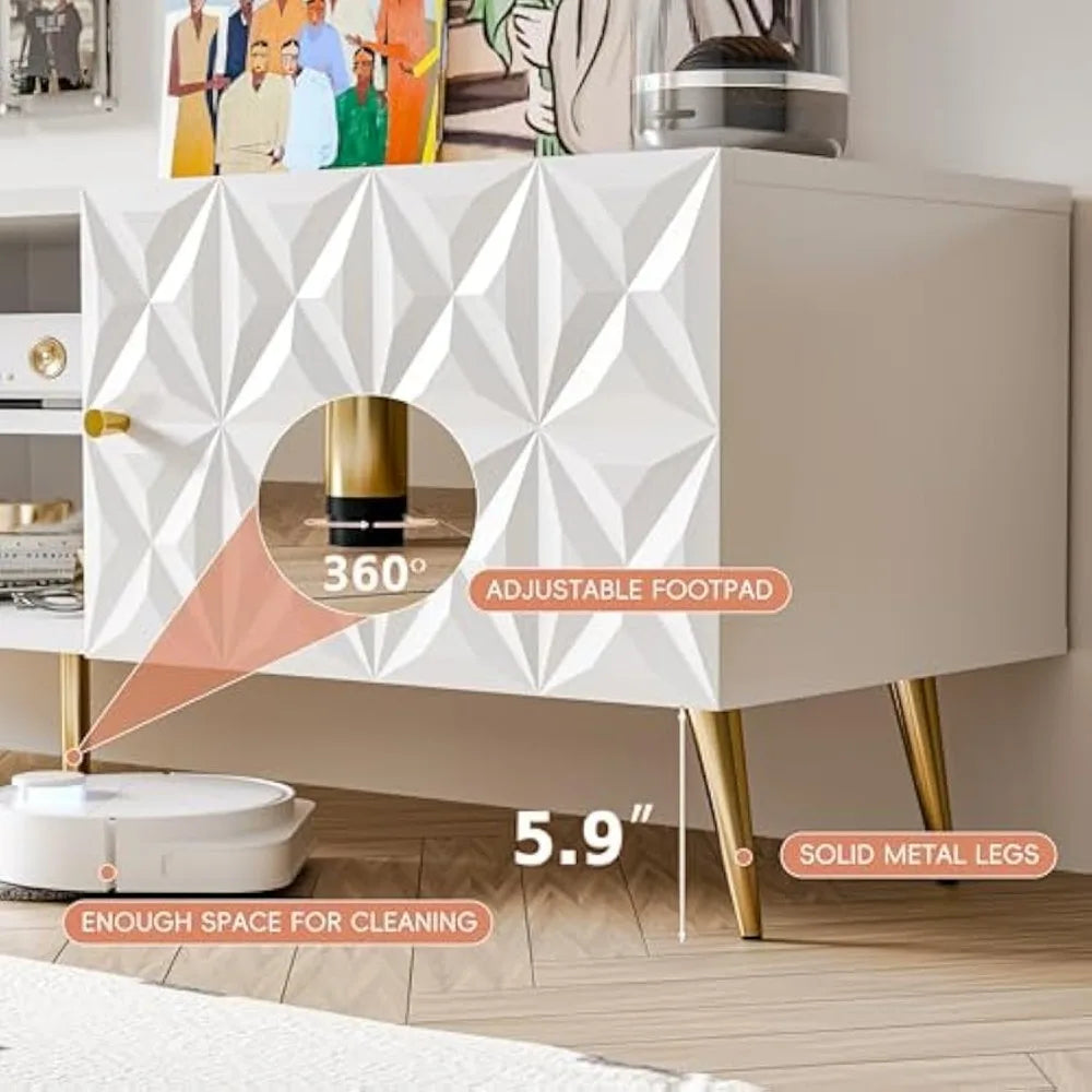 White Modern TV Stand for 65 Inch TV with Storage Cabinets Adjustable Shelves