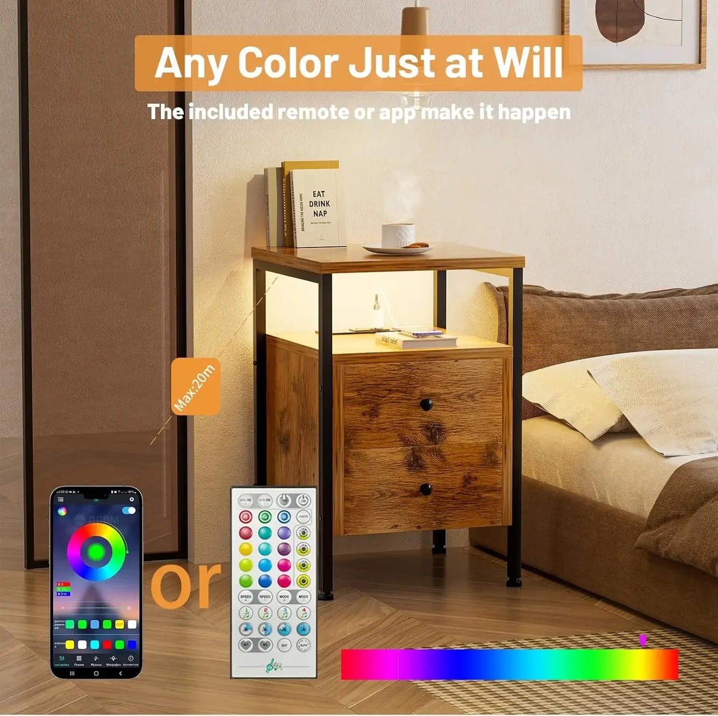 Nightstand with LED Light Charging Station 2 Drawers Rustic Wood Table