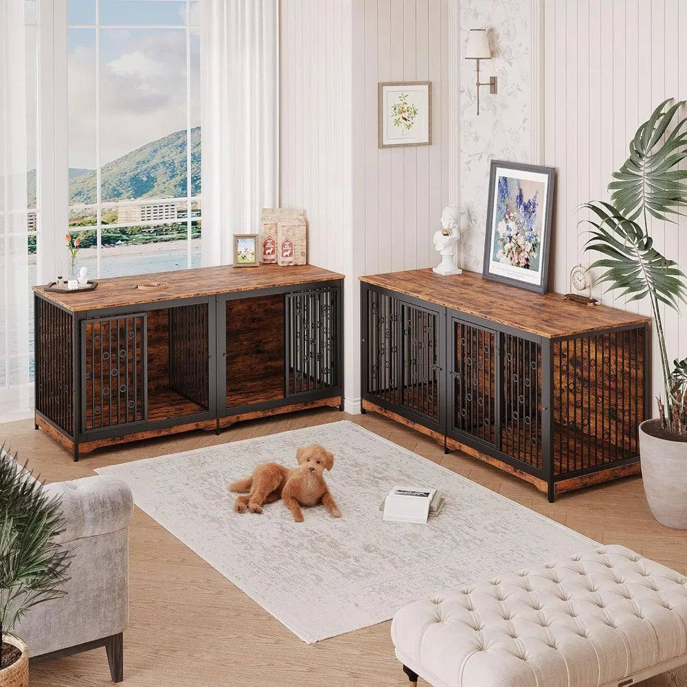 71 Inch Dog Crate Furniture for 2 Dogs XXL Wooden Dog Cage Kennel