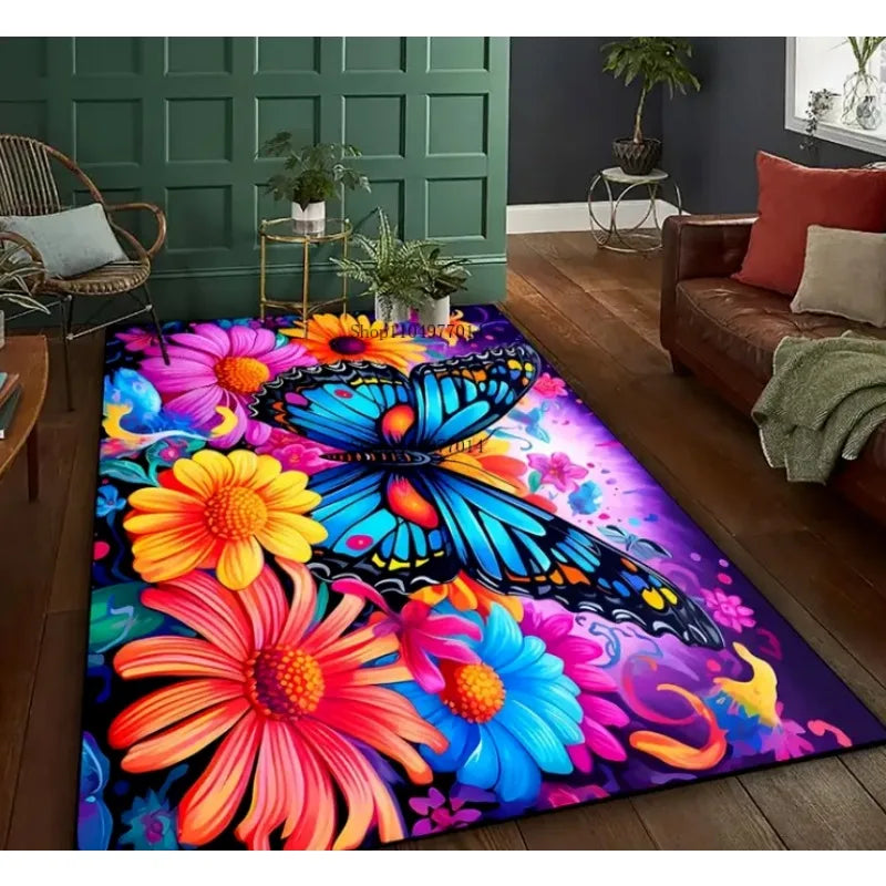 Colorful Butterfly Flower Pattern Non-Slip Machine Washable Rug