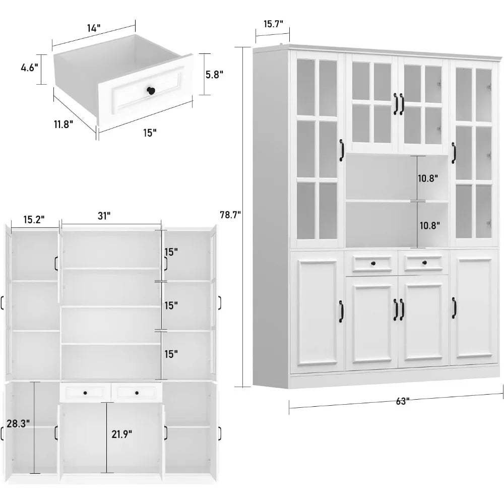 Large Kitchen Pantry Storage Cabinet Freestanding Cupboard with Glass Doors