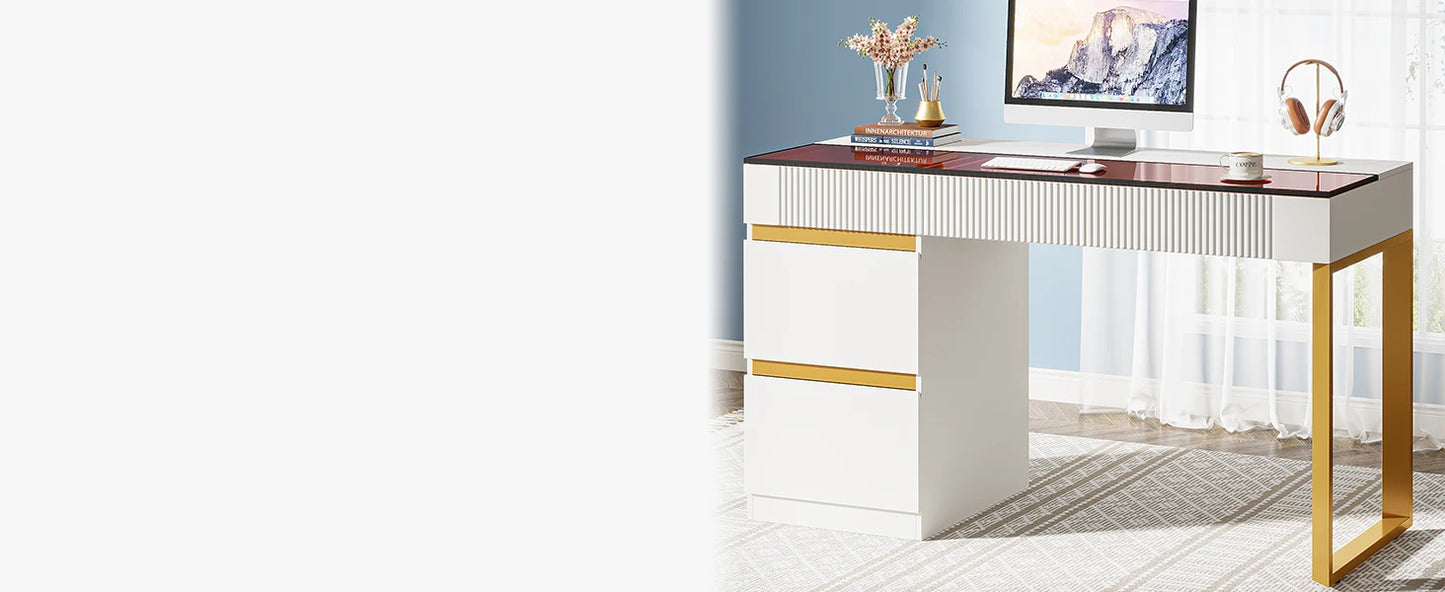 Modern 47 Inch Computer Desk with 4 Drawers Glass Top Home Office Furniture
