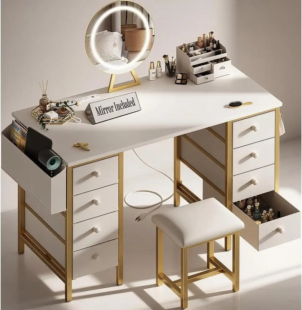 Ljustra Vanity Desk with Lighted Mirror and Chair 8 Drawers Power Outlet