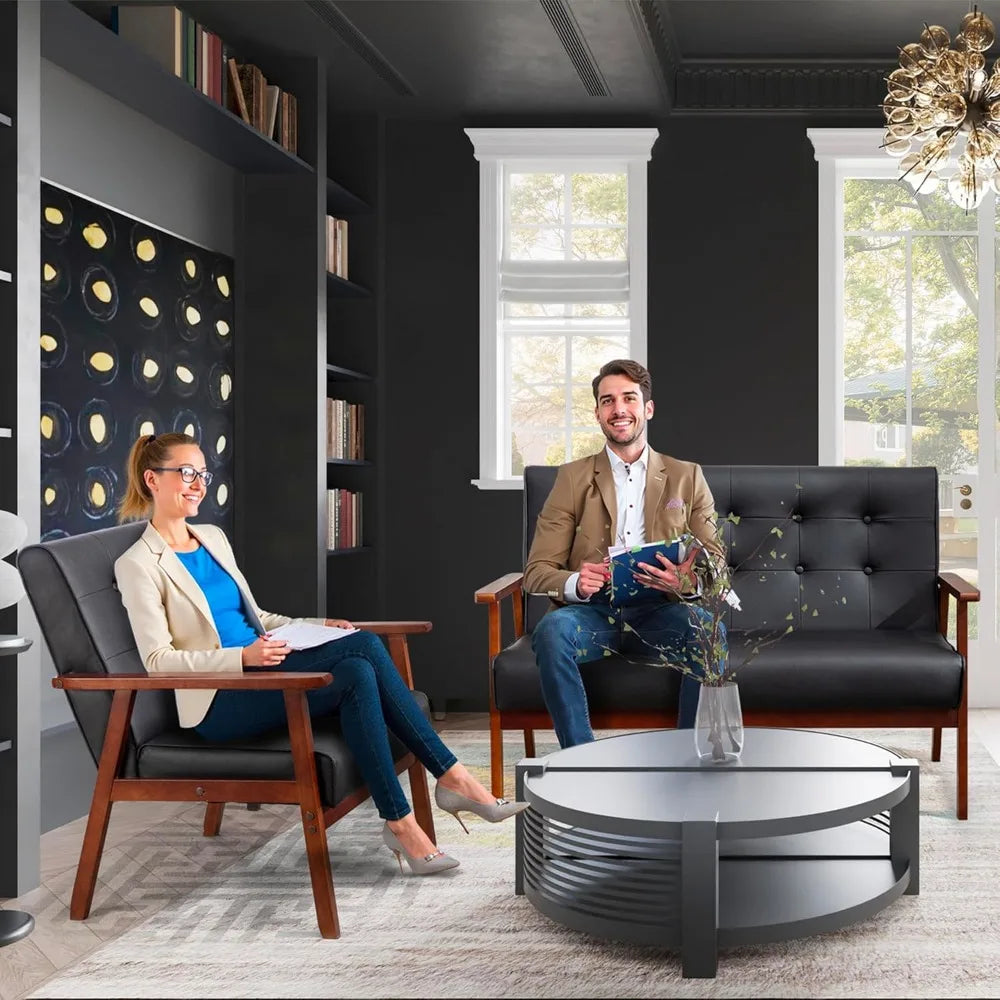 Black Small Leather Couch Mid Century Loveseat Office Booth Seating