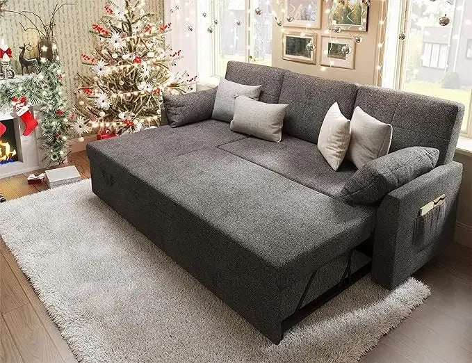 Modern Sleeper Sofa Bed with Storage Chaise & Pull-Out Couch | Bouclé Fabric 84” L-Shaped