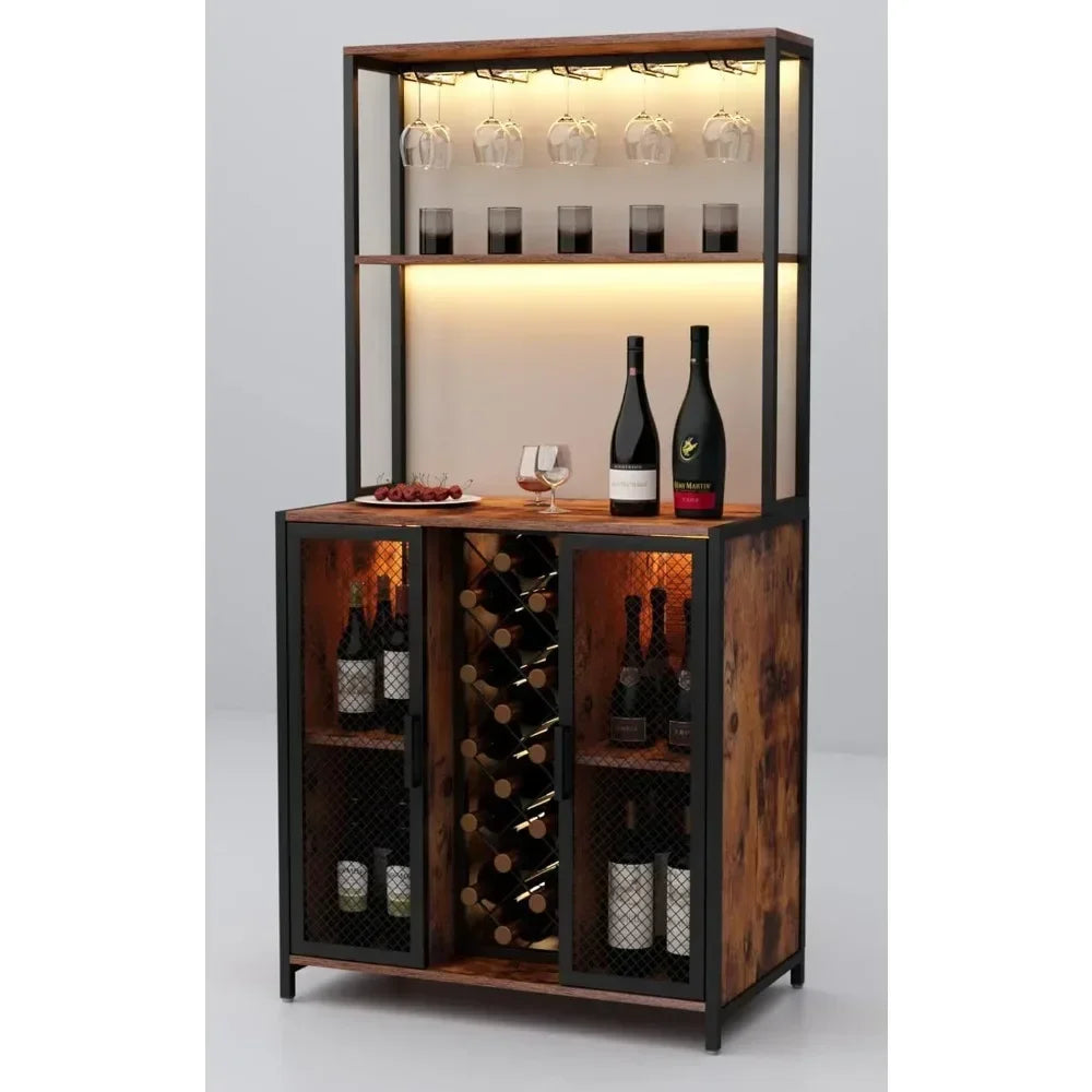 Wine Bar Cabinet with LED Lights Adjustable Shelves Industrial Coffee Bar