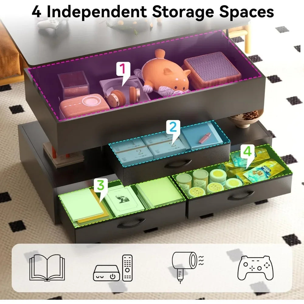 40 Inch Lift Top Coffee Table with Storage Drawers LED Modern Furniture