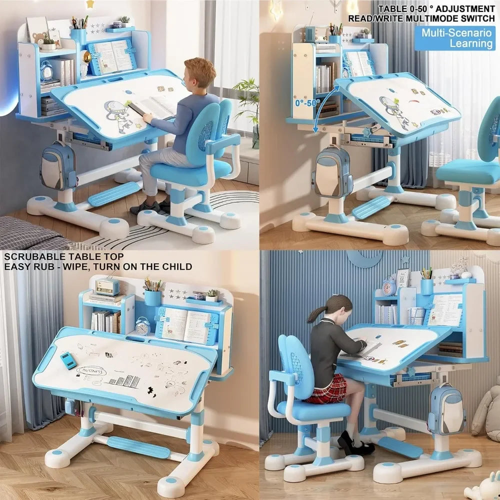 Kids Height Adjustable Study Desk Chair Set with Sitting Corrector