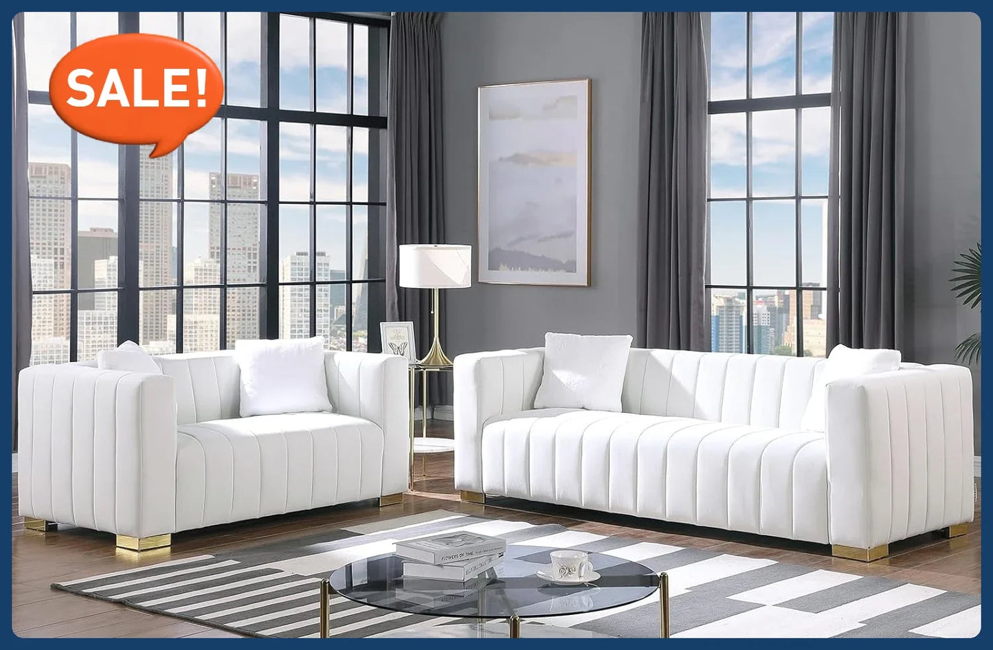 2-Piece Velvet Sofa Set White Tufted Couch & Loveseat with Pillows for Living Room