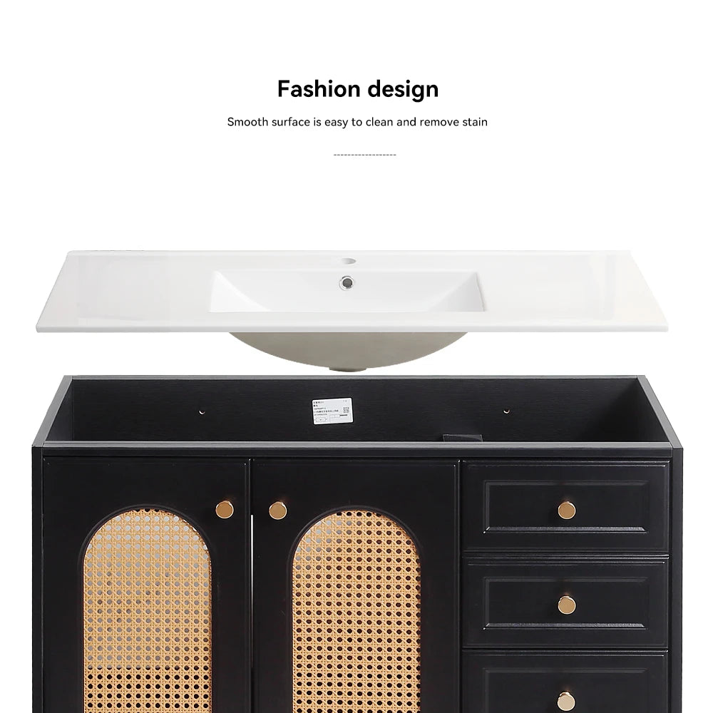 36 Inch Bathroom Vanity with Ceramic Basin Rattan Storage Cabinet
