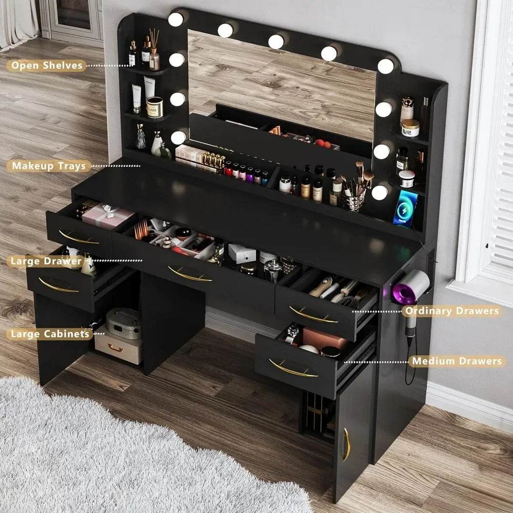 Large Makeup Desk with Lights Mirror Power Outlet 5 Drawers 2 Cabinets