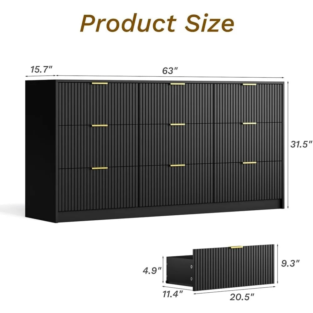 Black Dresser 9 Drawer Modern Chest of Drawers for Bedroom Living Room