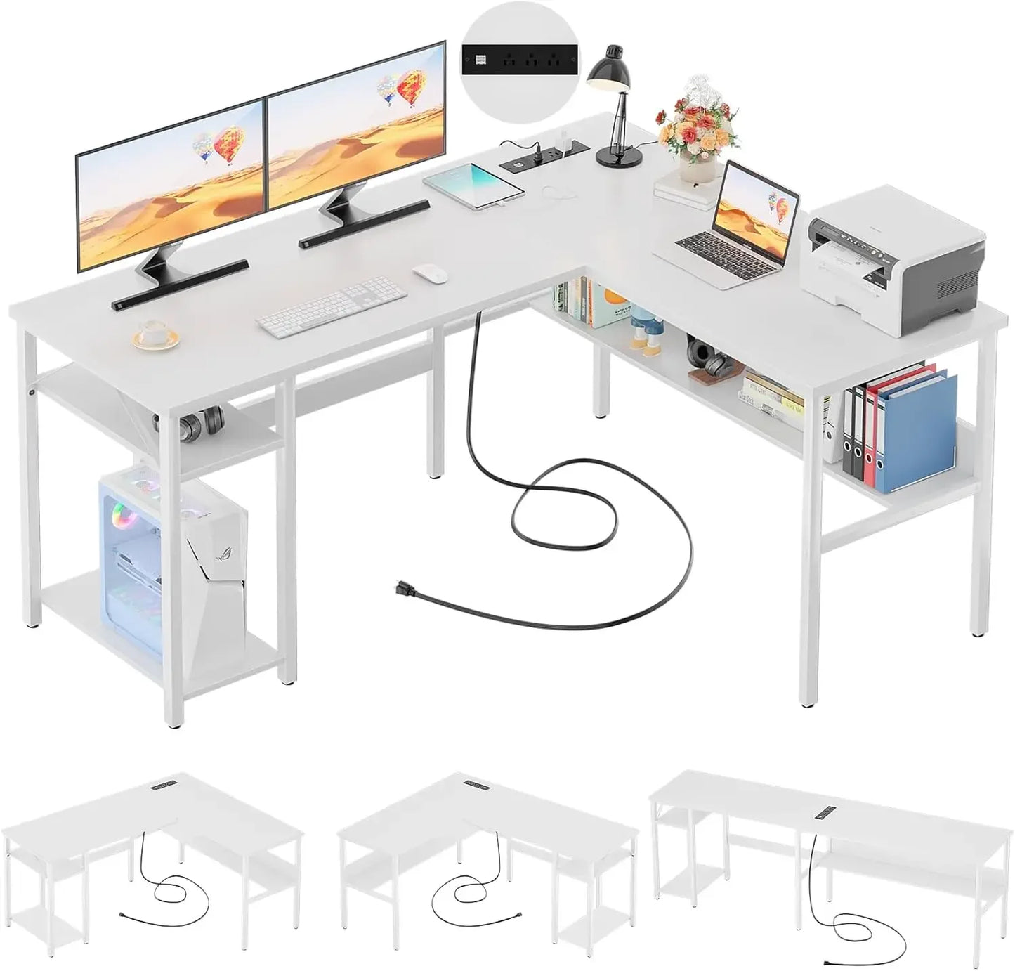 L-Shaped Desk with LED Strip Power Outlets Reversible Corner Design