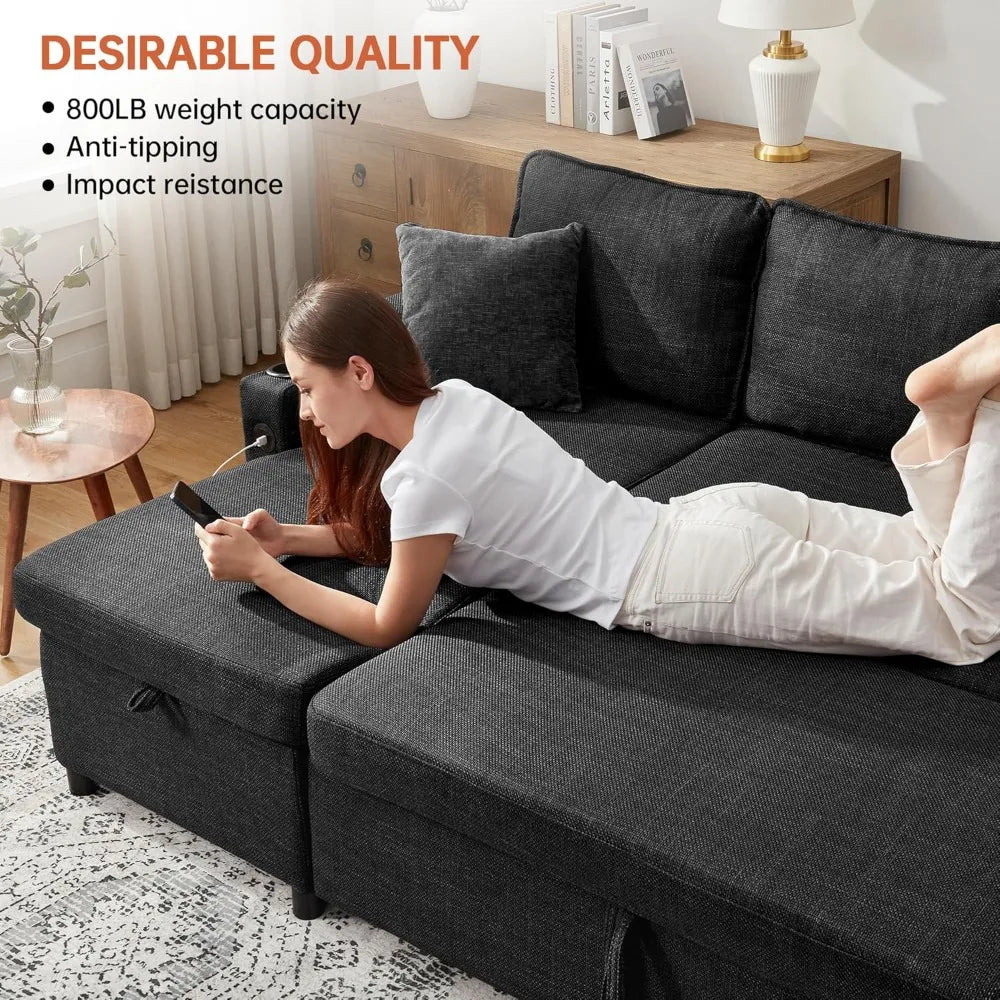Ljustra Sofa Bed Sleeper Couch with Chaise Storage USB Cup Holder