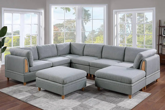 Ljustra 8pc Sectional Sofa Set Living Room Furniture Light Grey Fabric