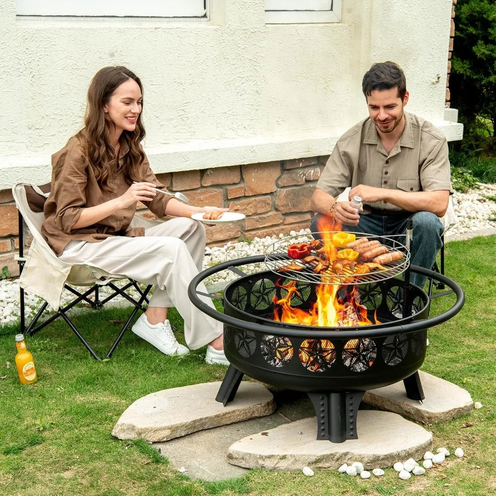 38 Inch Wood Burning Fire Pit Outdoor 3-in-1 Grill Table with Screen