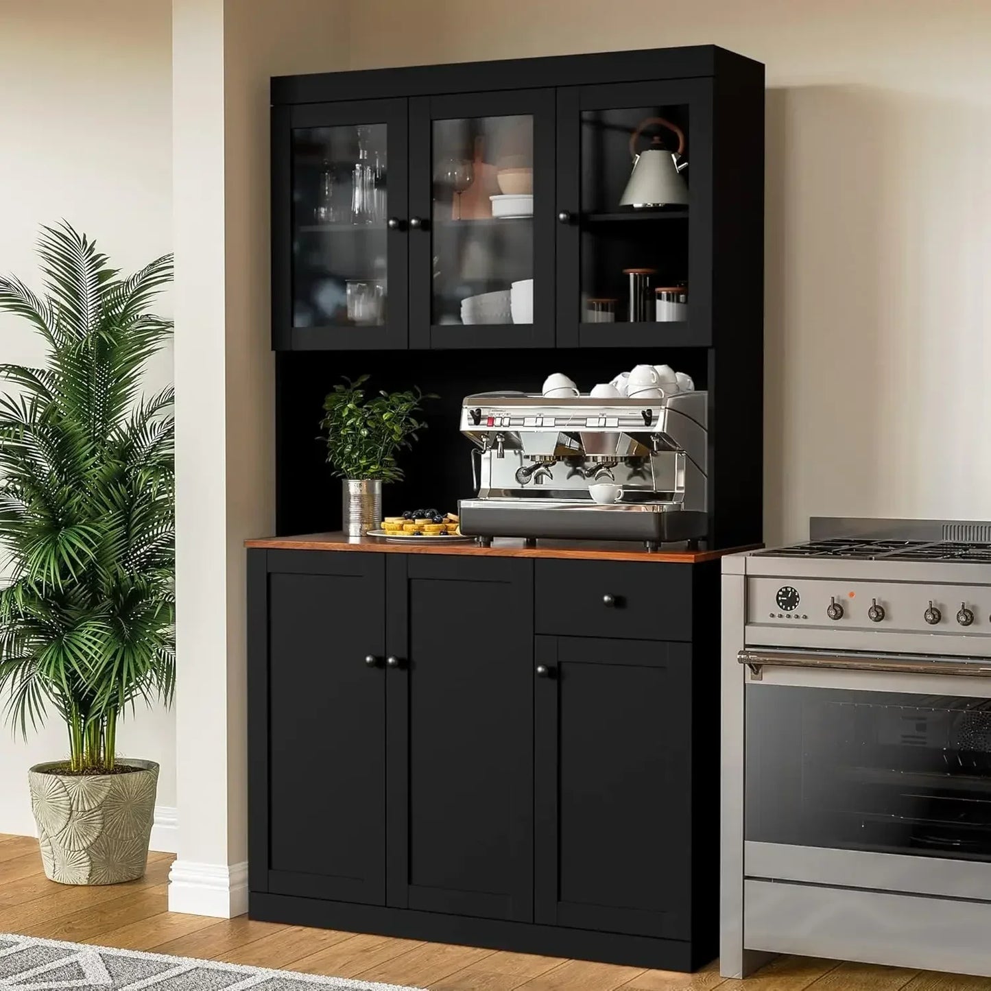 71 Inch Tall Kitchen Pantry Storage Cabinet with Microwave Stand Black