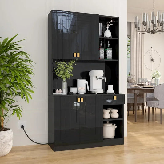 Kitchen Pantry Cabinet with Countertop Power Outlet Adjustable Shelves
