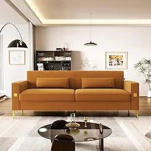 85" Velvet Mid-Century Sofa Couch 3-Seater w/ Gold Legs & Pillows Modern Style