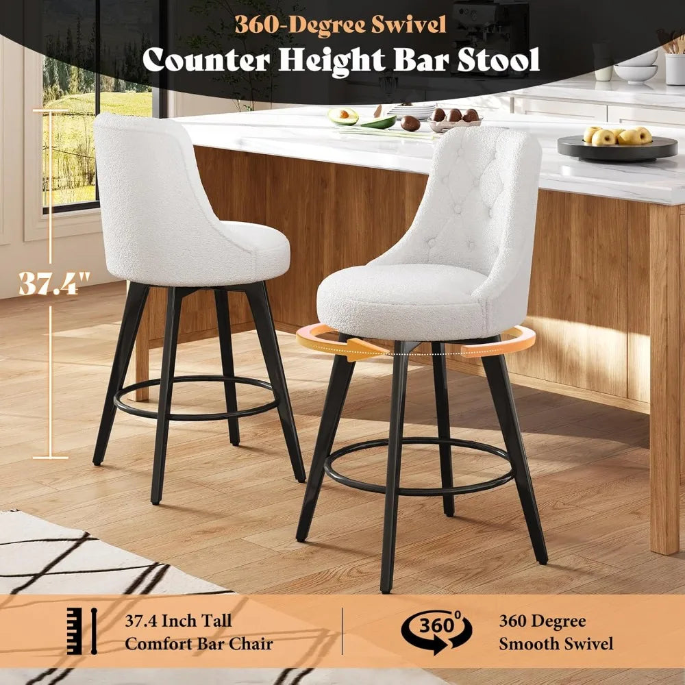 Modern Swivel Bar Stools Set of 2 Boucle Upholstered 26 Inch Height